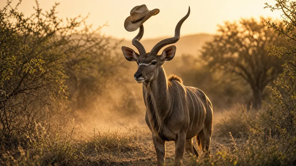 A greater kudu bull with spiral horns at dawn, a straw cowboy hat hooked on the tip of one horn.