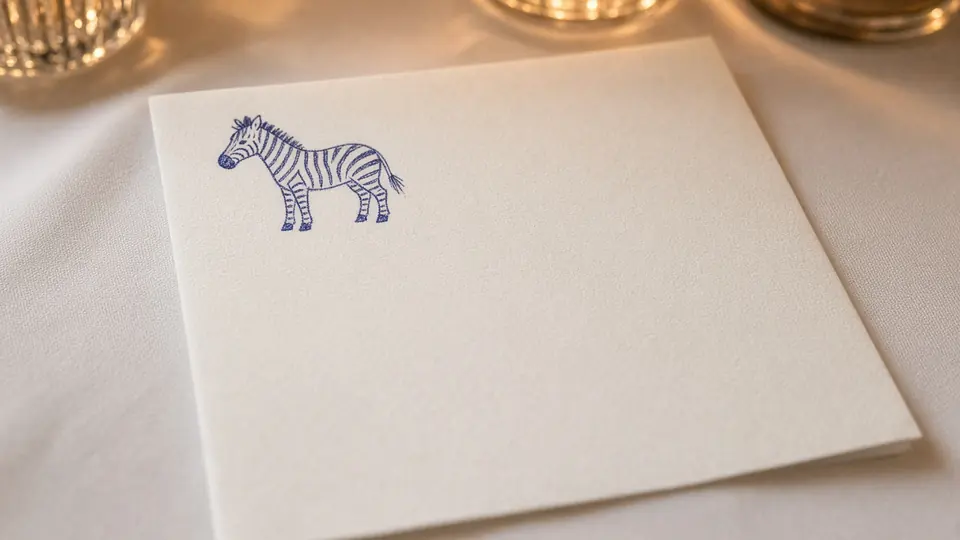 A white cocktail napkin on a tablecloth with a ballpoint sketch of a zebra.