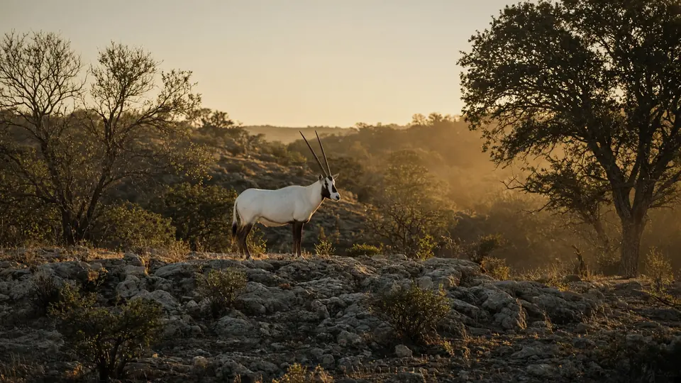 A lone Arabian oryx with long straight horns on a limestone ridge in morning light.