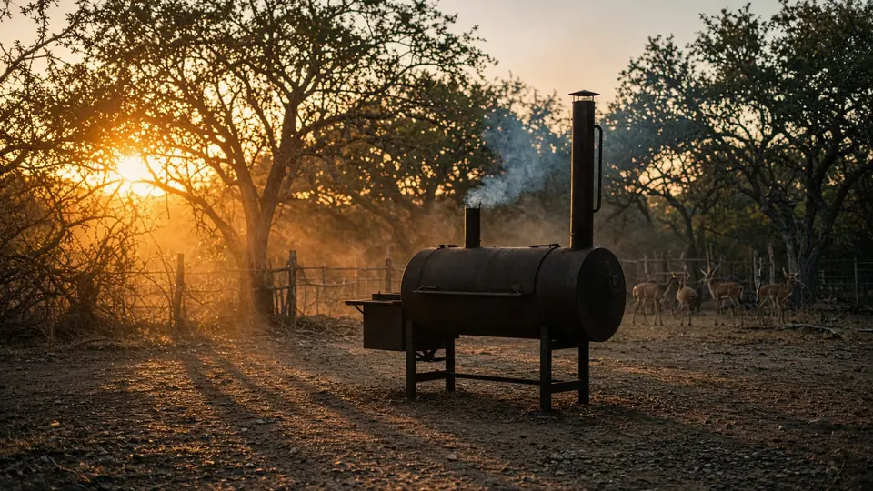 An offset barbecue smoker in a ranch yard at dusk, thin smoke drifting through the low sun.
