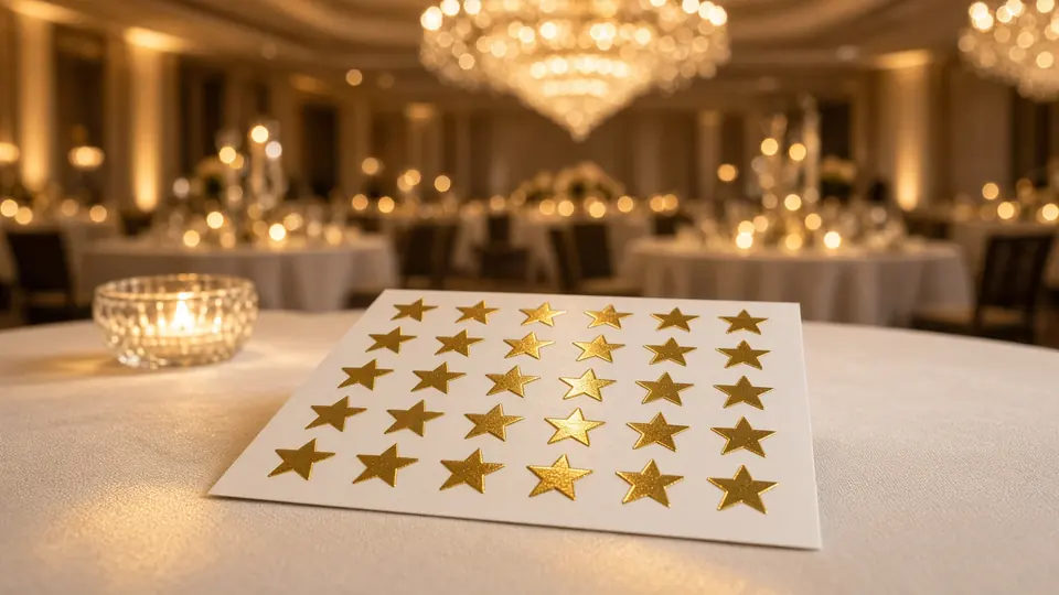 A sheet of shiny gold foil star stickers on a white tablecloth, candlelight glinting off the foil.
