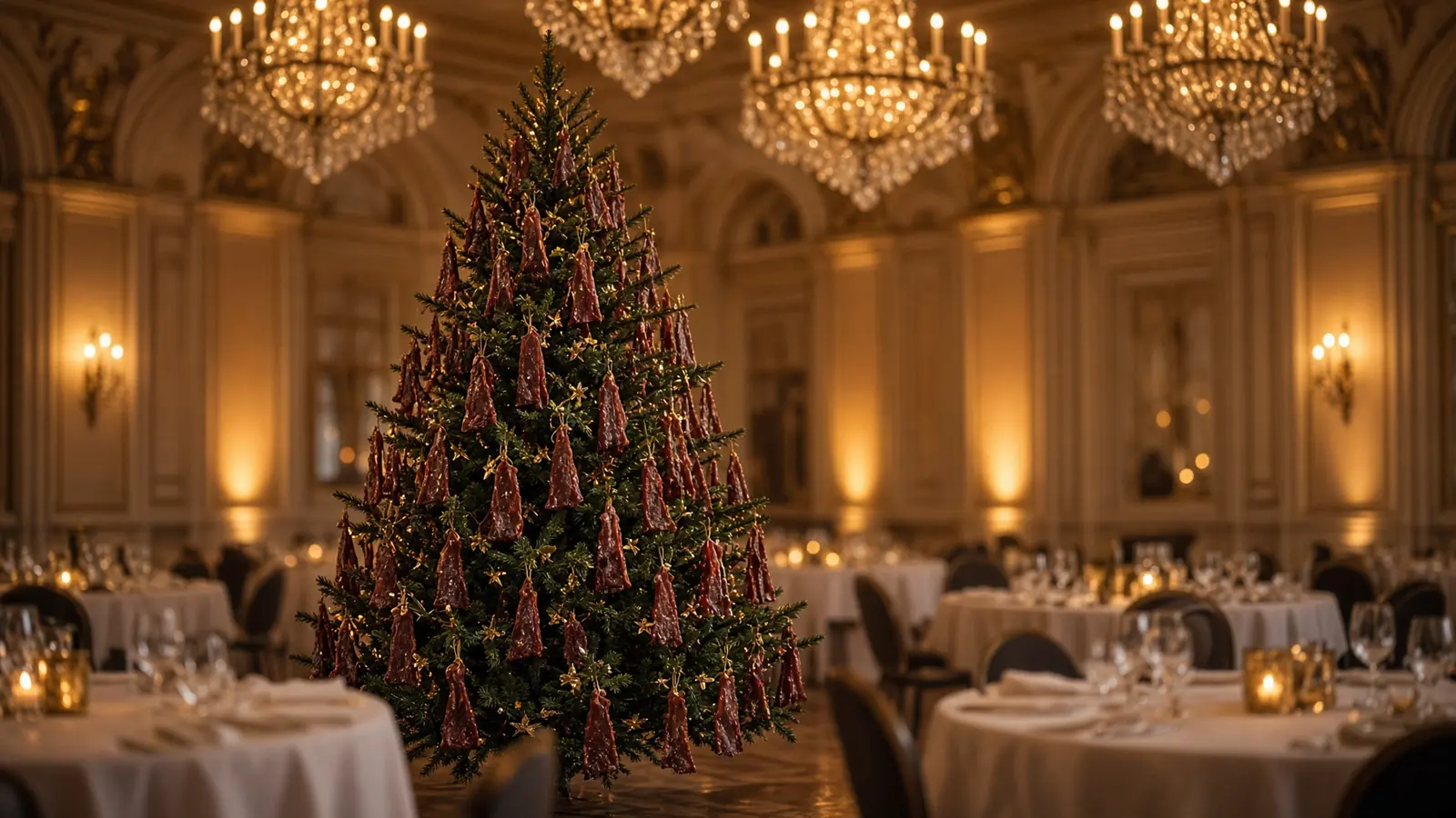 A Christmas tree in a gala ballroom, hung with sticks of jerky as ornaments and tiny gold stars as tinsel.