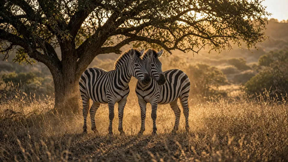 A breeding pair of plains zebra standing close together under a live oak at golden hour.